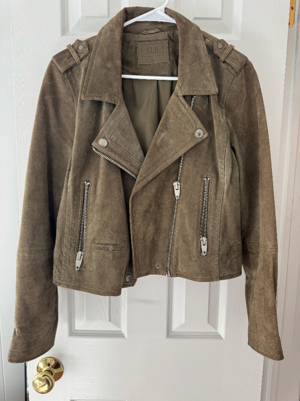 SL8 Faux Suede Moto Jacket, Taupe Brown, Size L